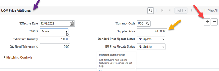 Screenshot showing to Look for UOM Price attributes and tap on the PLUS (+) sign and add the new price in the Supplier price box, yellow arrow