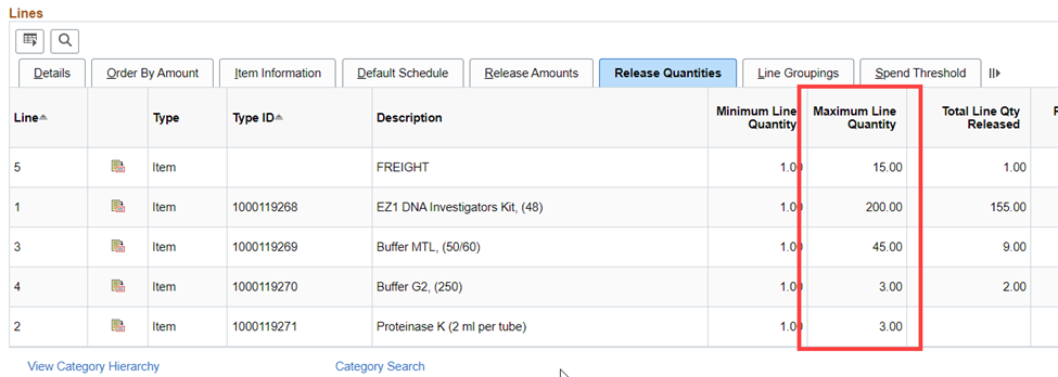 Screen Shot of Max Line Quantities 
