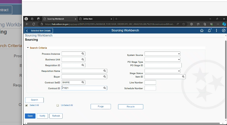 Screen Shot of Contract Being Processed, Screen Shot of Sourcing Workbench