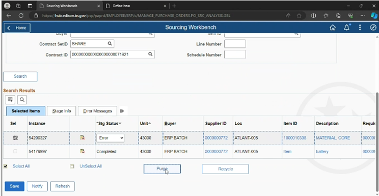 Screen Shot of Purge in Sourcing Workbench 