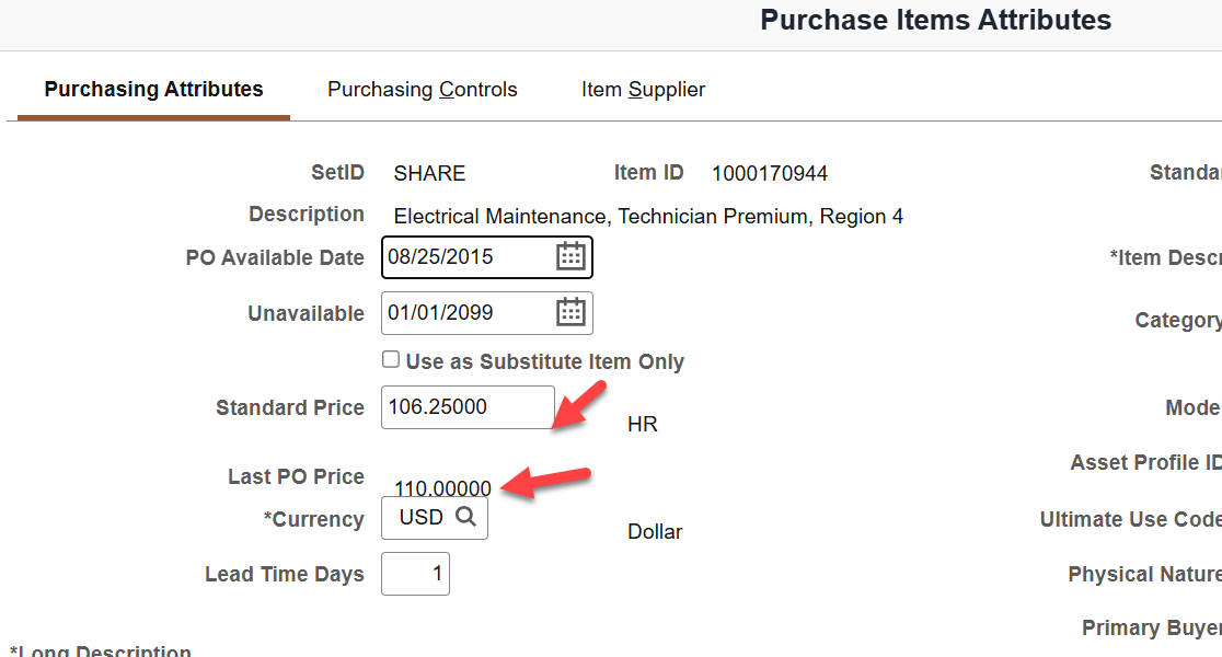 Screenshot showing example of Item Standard Price